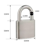 TradeBase 60mm stainless steel padlock standard shackle dimensions in mm - 60mm body, 50mm height, 31mm shackle opening, 10mm shackle