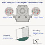 Diagram of door closer swing valve (fully open to 15 degrees) and closure valve (15 degrees to fully closed)