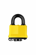 Yellow rubber-covered waterproof laminated padlock with keyhole shutter for outdoor gate and shed security