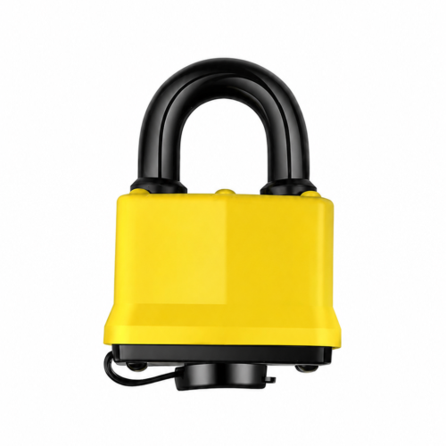 Yellow rubber-covered waterproof laminated padlock with keyhole shutter for outdoor gate and shed security