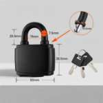 TradeBase 40mm waterproof laminated padlock dimensions in mm - 50mm covered body, 38.5mm height, 19mm shackle opening, 7.5mm shackle