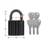 TradeBase 50mm black iron weatherproof wave padlock dimensions in mm - 50mm ribbed body, 42mm height, 27mm shackle opening, 8mm shackle