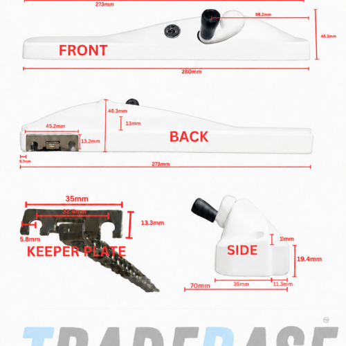 White right hand lockable keyed alike window winder 150mm restricted chain dimensions diagram