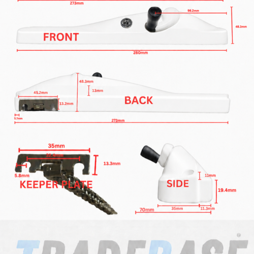 White right hand lockable keyed alike window winder 100mm restricted chain dimensions diagram