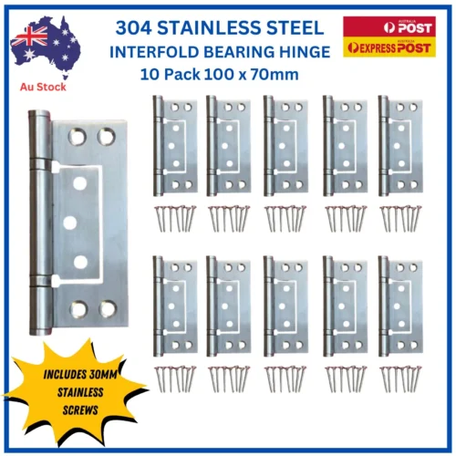 304 stainless steel non-mortice ball bearing interfold hinges, 100mm x 2.5mm, 10 pack – TradeBase
