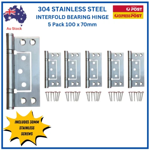 304 stainless steel non-mortice ball bearing interfold hinges, 100mm x 2.5mm, 5 pack – TradeBase