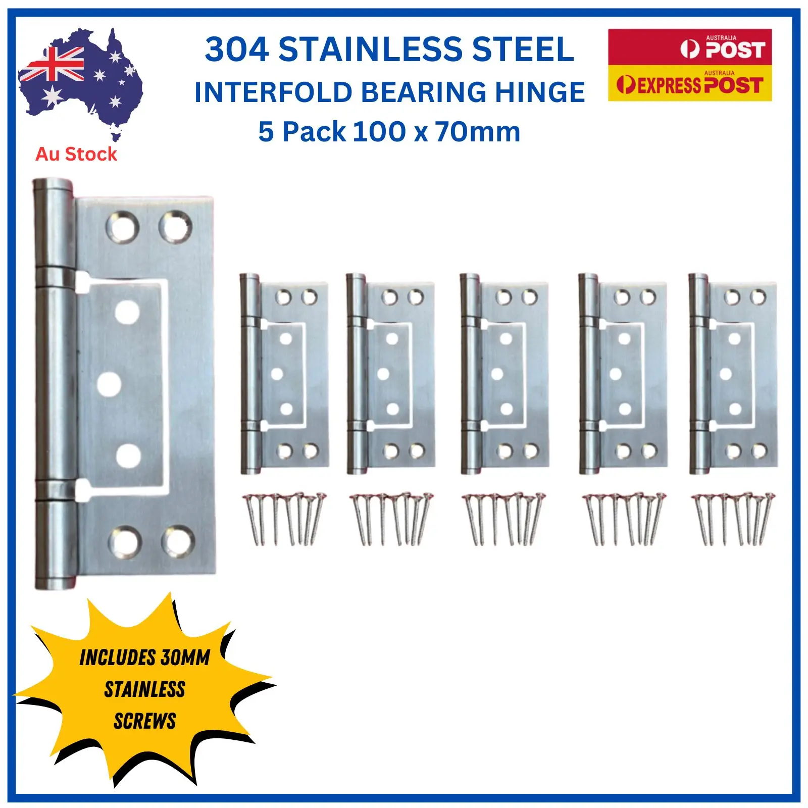 304 Stainless Steel Non-Mortice Ball Bearing Interfold Hinges 100mm – 5 Pack 304 stainless steel non-mortice ball bearing interfold hinges, 100mm x 2.5mm, 5 pack – TradeBase