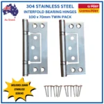 304 stainless steel non-mortice ball bearing interfold hinges, 100mm x 2.5mm, twin pack – TradeBase