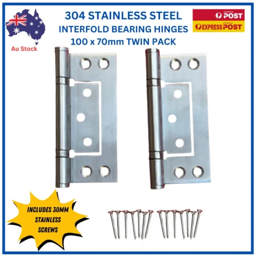 304 stainless steel non-mortice ball bearing interfold hinges, 100mm x 2.5mm, twin pack – TradeBase
