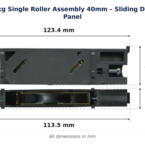 TradeBase 40kg Single Roller Assembly 40mm – Sliding Door Panel dimensions showing 123.4 mm, 113.5 mm, 34.9 mm, 18.2 mm