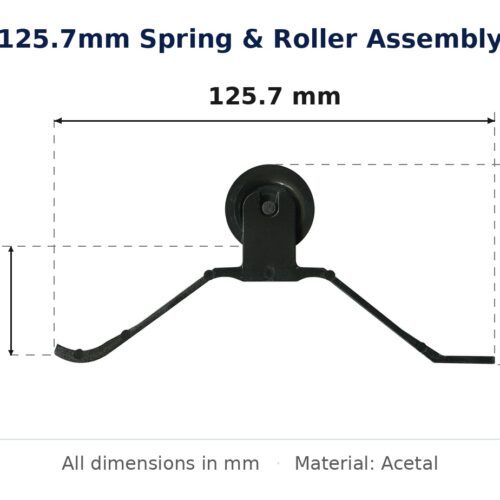 125.7mm Spring & Roller Assembly – Suits Screen Doors dimension diagram - overall 125.7 mm x 57.2 mm, every dimension measured in millimetres. TradeBase Australia part ASMSPR126.