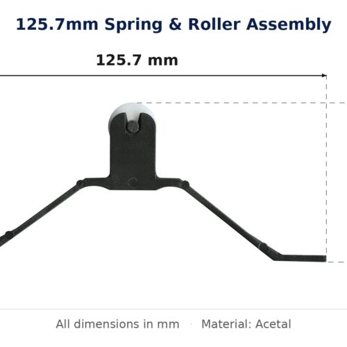 125.7mm Spring & Roller Assembly – Suits Screen Doors dimension diagram - overall 125.7 mm x 53.1 mm, every dimension measured in millimetres. TradeBase Australia part ASMSPR12653.