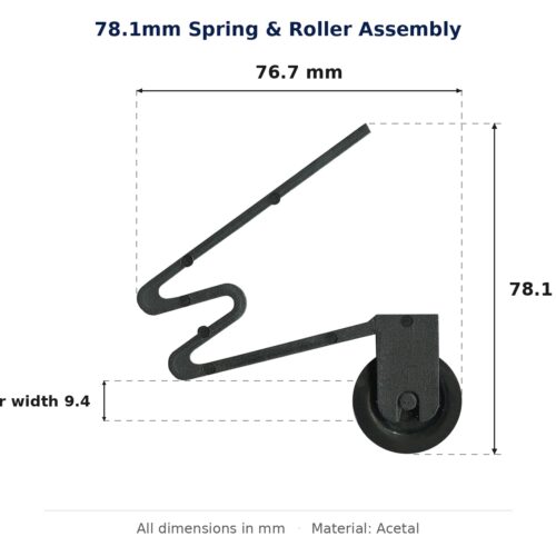 78.1mm Spring & Roller Assembly – Suits Screen Doors dimension diagram - overall 76.7 mm x 78.1 mm, every dimension measured in millimetres. TradeBase Australia part ASMSPR78.