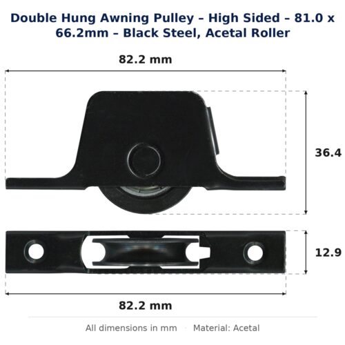 Dimension diagram for AWP2052 Double Hung Awning Pulley - TradeBase Australia. All dimensions in millimetres, drawn on the part.