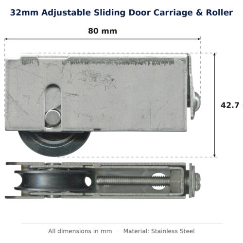 32mm Adjustable Sliding Door Carriage & Roller dimension diagram - overall 80 mm x 42.7 mm, every dimension measured in millimetres. TradeBase Australia part CAR1089SP.