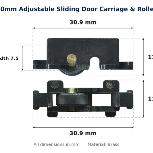 10mm Adjustable Sliding Door Carriage & Roller – Suits Windows dimension diagram - overall 30.9 mm x 11.9 mm, every dimension measured in millimetres. TradeBase Australia part CAR10BR.