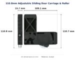 110.8mm Adjustable Sliding Door Carriage & Roller – Suits Screen Doors dimension diagram - overall 109.1 mm x 110.8 mm, every dimension measured in millimetres. TradeBase Australia part CAR111ACE.