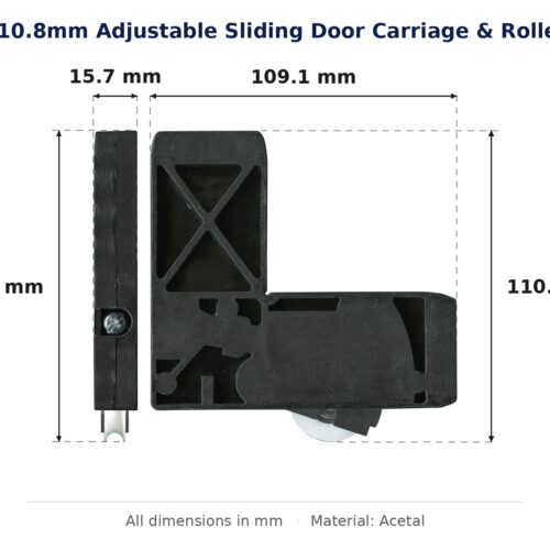 110.8mm Adjustable Sliding Door Carriage & Roller – Suits Screen Doors dimension diagram - overall 109.1 mm x 110.8 mm, every dimension measured in millimetres. TradeBase Australia part CAR111ACE.