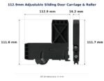 112.9mm Adjustable Sliding Door Carriage & Roller – Suits Screen Doors dimension diagram - overall 112.9 mm x 111.7 mm, every dimension measured in millimetres. TradeBase Australia part CAR113.