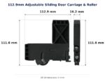 112.9mm Adjustable Sliding Door Carriage & Roller – Suits Screen Doors dimension diagram - overall 112.9 mm x 111.6 mm, every dimension measured in millimetres. TradeBase Australia part CAR113112.