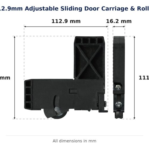 112.9mm Adjustable Sliding Door Carriage & Roller – Suits Screen Doors dimension diagram - overall 112.9 mm x 111.6 mm, every dimension measured in millimetres. TradeBase Australia part CAR113112.