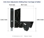 116.2mm Adjustable Sliding Door Carriage & Roller – Suits Screen Doors dimension diagram - overall 96.7 mm x 116.2 mm, every dimension measured in millimetres. TradeBase Australia part CAR116ACE.
