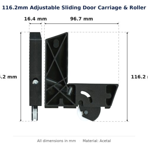 116.2mm Adjustable Sliding Door Carriage & Roller – Suits Screen Doors dimension diagram - overall 96.7 mm x 116.2 mm, every dimension measured in millimetres. TradeBase Australia part CAR116ACE.