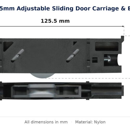 125.5mm Adjustable Sliding Door Carriage & Block – Suits Fixed Door Panel dimension diagram - overall 125.5 mm x 39 mm, every dimension measured in millimetres. TradeBase Australia part CAR126NYL.