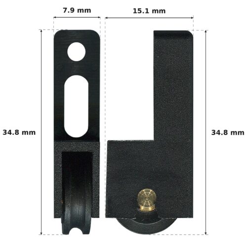 TradeBase 12.4mm Narrow Adjustable Sliding Window Carriage & Concave Roller dimensions showing 7.9 mm, 15.1 mm, 34.8 mm, 34.8 mm