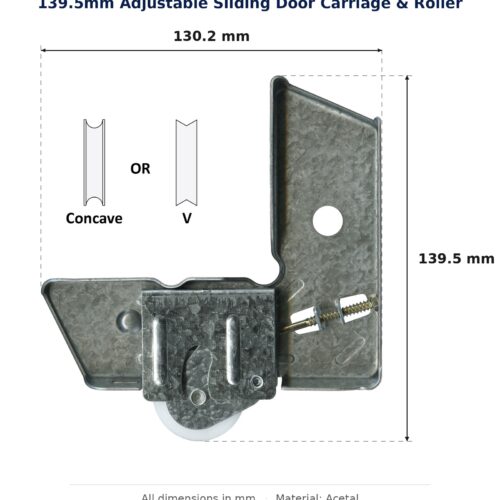 139.5mm Adjustable Sliding Door Carriage & Roller – Suits Security Doors dimension diagram - overall 130.2 mm x 139.5 mm, every dimension measured in millimetres. TradeBase Australia part CAR140ACE.