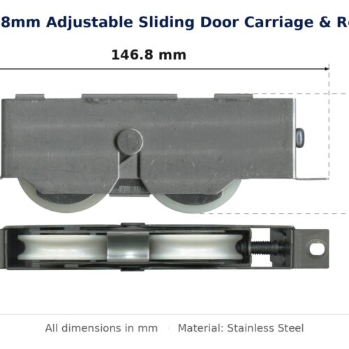 146.8mm Adjustable Sliding Door Carriage & Roller dimension diagram - overall 146.8 mm x 49 mm, every dimension measured in millimetres. TradeBase Australia part CAR147SS.