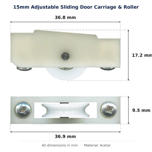 15mm Adjustable Sliding Door Carriage & Roller – Suits Windows dimension diagram - overall 36.9 mm x 17.2 mm, every dimension measured in millimetres. TradeBase Australia part CAR15ACE.