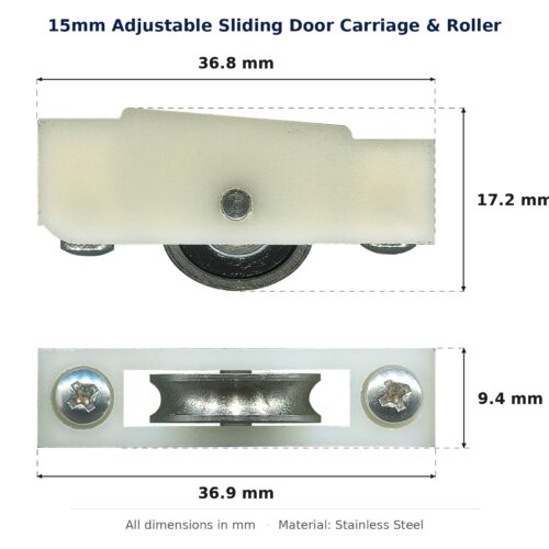 15mm Adjustable Sliding Door Carriage & Roller dimension diagram - overall 36.9 mm x 17.2 mm, every dimension measured in millimetres. TradeBase Australia part CAR15SS.