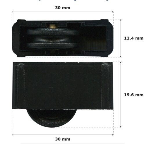 16.5mm Adjustable Sliding Door Carriage & Roller – Suits Windows dimension diagram - overall 30 mm x 19.6 mm, every dimension measured in millimetres. TradeBase Australia part CAR16BR.