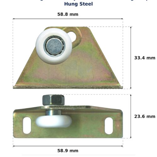 TradeBase 20mm Sliding Door Trolley & Acetal Roller – Single Top Hung Steel dimensions showing 58.8 mm, 58.9 mm, 33.4 mm, 23.6 mm