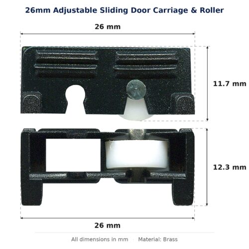 26mm Adjustable Sliding Door Carriage & Roller – Suits Windows dimension diagram - overall 26 mm x 12.3 mm, every dimension measured in millimetres. TradeBase Australia part CAR26BR.