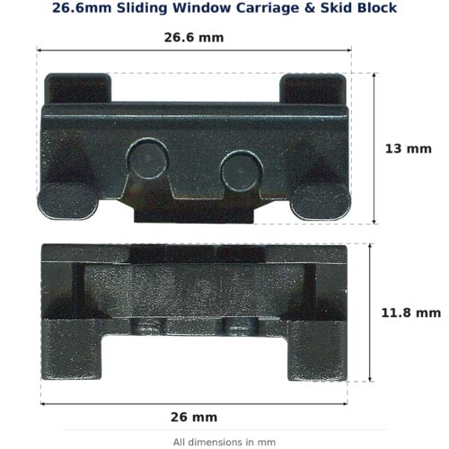 26.6mm Sliding Window Carriage & Skid Block dimension diagram - overall 26.6 mm x 13 mm, every dimension measured in millimetres. TradeBase Australia part CAR27SKID.