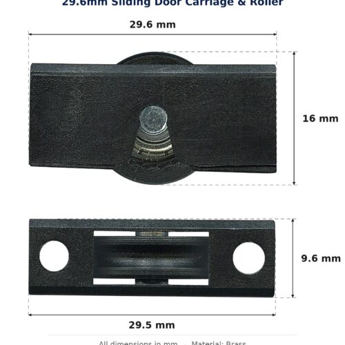 29.6mm Sliding Door Carriage & Roller – Suits Windows dimension diagram - overall 29.6 mm x 16 mm, every dimension measured in millimetres. TradeBase Australia part CAR30BR16.