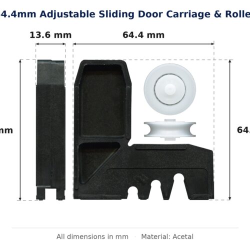 64.4mm Adjustable Sliding Door Carriage & Roller – Suits Screen Doors dimension diagram - overall 64.4 mm x 64.4 mm, every dimension measured in millimetres. TradeBase Australia part CAR3130.