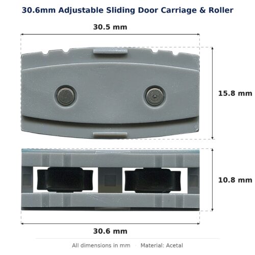 30.6mm Adjustable Sliding Door Carriage & Roller – Suits Windows dimension diagram - overall 30.6 mm x 15.8 mm, every dimension measured in millimetres. TradeBase Australia part CAR31ACE.
