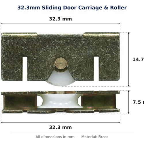 32.3mm Sliding Door Carriage & Roller – Suits Windows dimension diagram - overall 32.3 mm x 14.7 mm, every dimension measured in millimetres. TradeBase Australia part CAR32BR15.