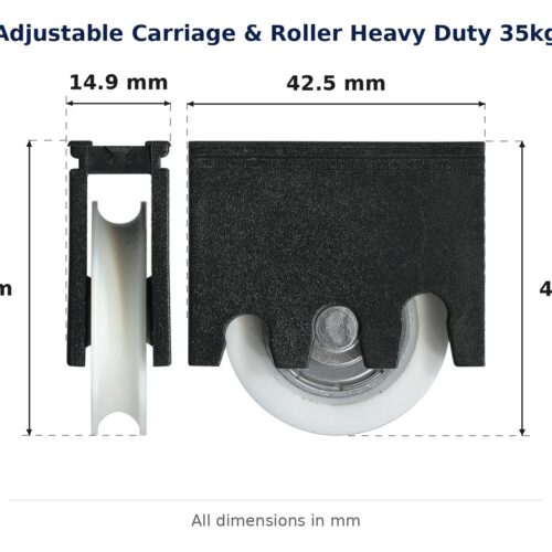 TradeBase Adjustable Carriage & Roller Heavy Duty 35kg dimensions showing 14.9 mm, 42.5 mm, 42.2 mm, 42.2 mm