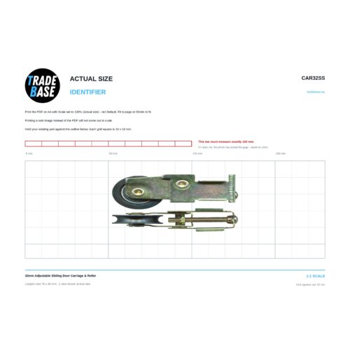 Actual size 1:1 print guide for 32mm Adjustable Sliding Door Carriage & Roller on a 10 mm grid