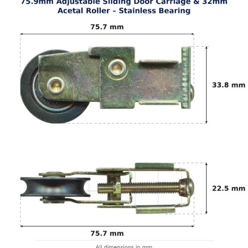 TradeBase 75.9mm Adjustable Sliding Door Carriage & 32mm Acetal Roller – Stainless Bearing dimensions showing 75.7 mm, 33.8 mm, 75.7 mm, 22.5 mm
