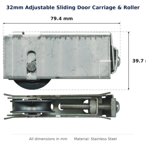 32mm Adjustable Sliding Door Carriage & Roller dimension diagram - overall 79.4 mm x 39.7 mm, every dimension measured in millimetres. TradeBase Australia part CAR32SS79.