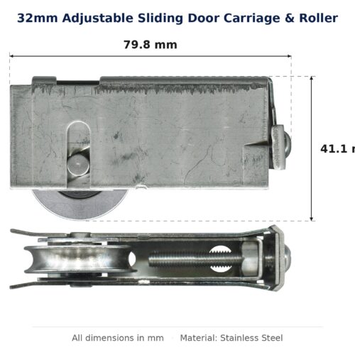 32mm Adjustable Sliding Door Carriage & Roller dimension diagram - overall 79.8 mm x 41.1 mm, every dimension measured in millimetres. TradeBase Australia part CAR32SS80.