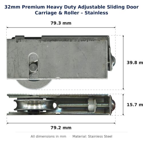 32mm Premium Heavy Duty Adjustable Sliding Door Carriage & Roller – Stainless dimension diagram - overall 79.3 mm x 39.8 mm, every dimension measured in millimetres. TradeBase Australia part CAR32SS80P.