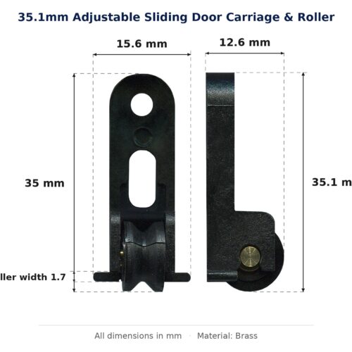 35.1mm Adjustable Sliding Door Carriage & Roller – Suits Windows dimension diagram - overall 15.6 mm x 35.1 mm, every dimension measured in millimetres. TradeBase Australia part CAR35BR.