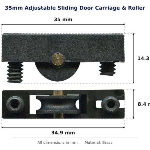 35mm Adjustable Sliding Door Carriage & Roller – Suits Windows dimension diagram - overall 35 mm x 14.3 mm, every dimension measured in millimetres. TradeBase Australia part CAR35BR14.