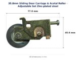 TradeBase 35.8mm Sliding Door Carriage & Acetal Roller – Adjustable Set Zinc-plated steel dimensions showing 77.6 mm, 45.6 mm